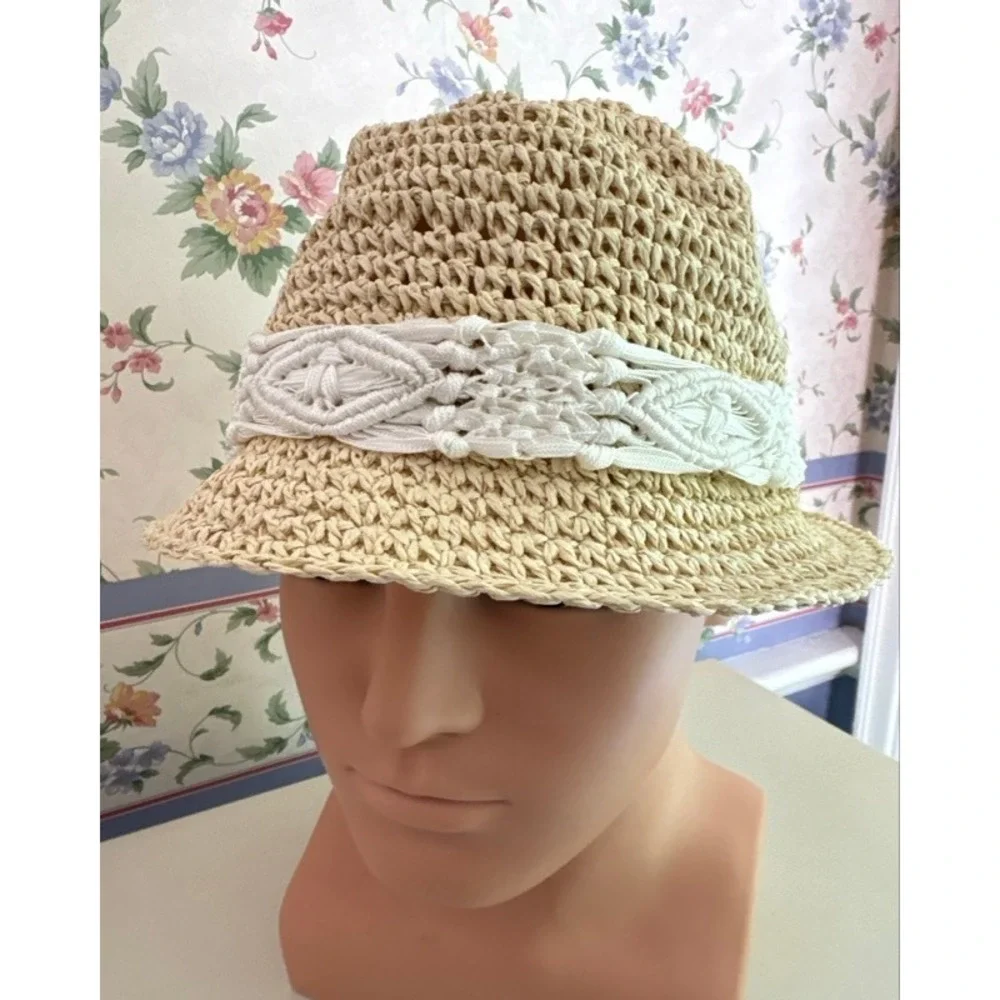Physician Endorsed Makena Straw Fedora Hat Tan Macrame Band Tassels One Size
